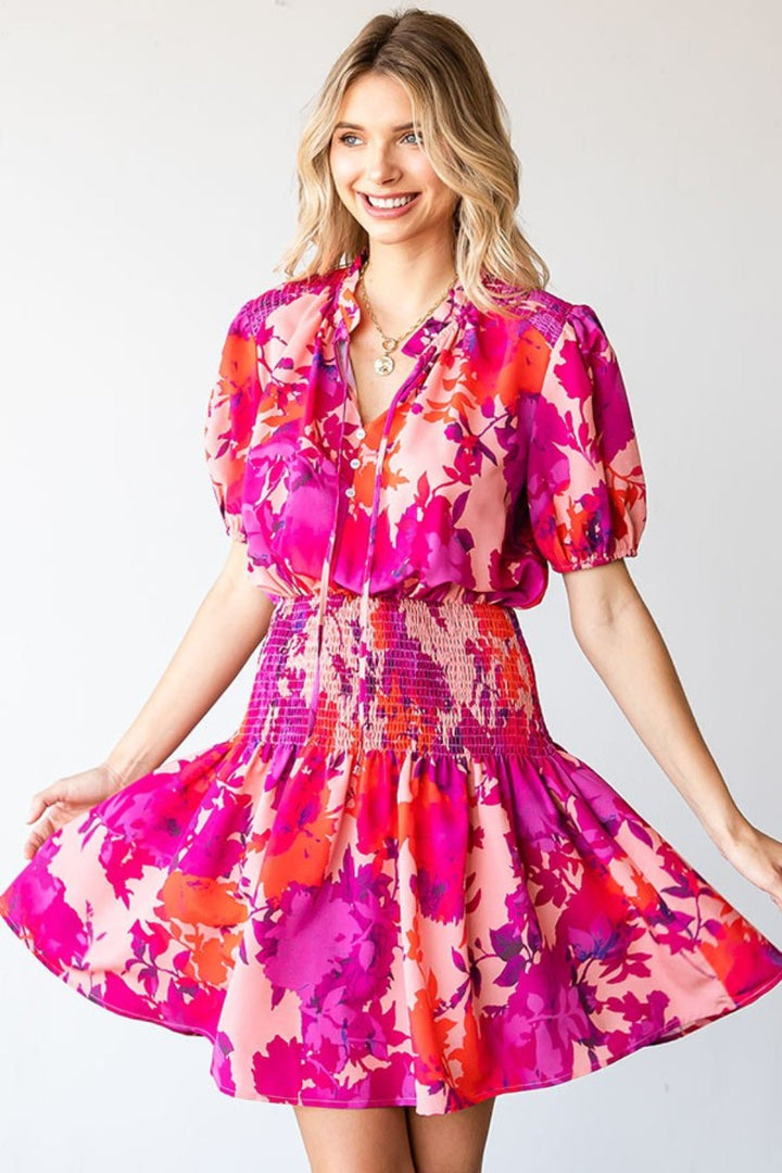 First Love Floral Short Sleeve Smocked Mini Dress-3