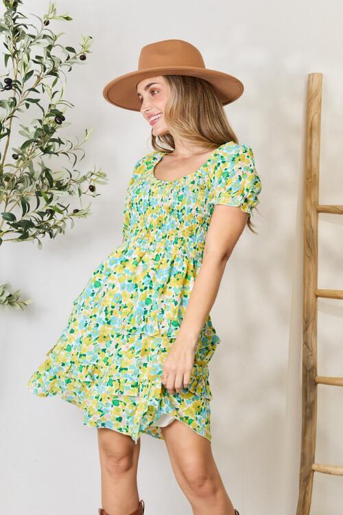 Double Take Smocked Scoop Neck Flounce Sleeve Mini Dress-1