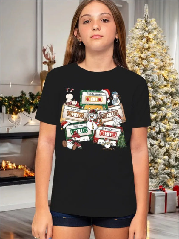 Youth Christmas Cassette Tape Print Casual Sports Crew Neck T-Shirt,Regular Fit, For Summer Wear