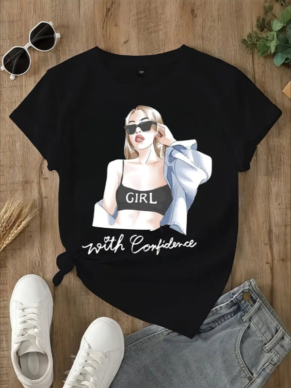 Girls' Casual Round Neck Short Sleeve T-Shirt With Random Print Design -Regular Fit For Spring Summer, Youth Outdoor Tee