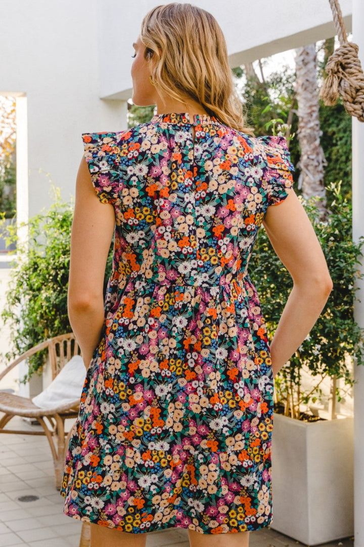 ODDI Full Size Floral Ruffled Cap Sleeve Mini Dress-1