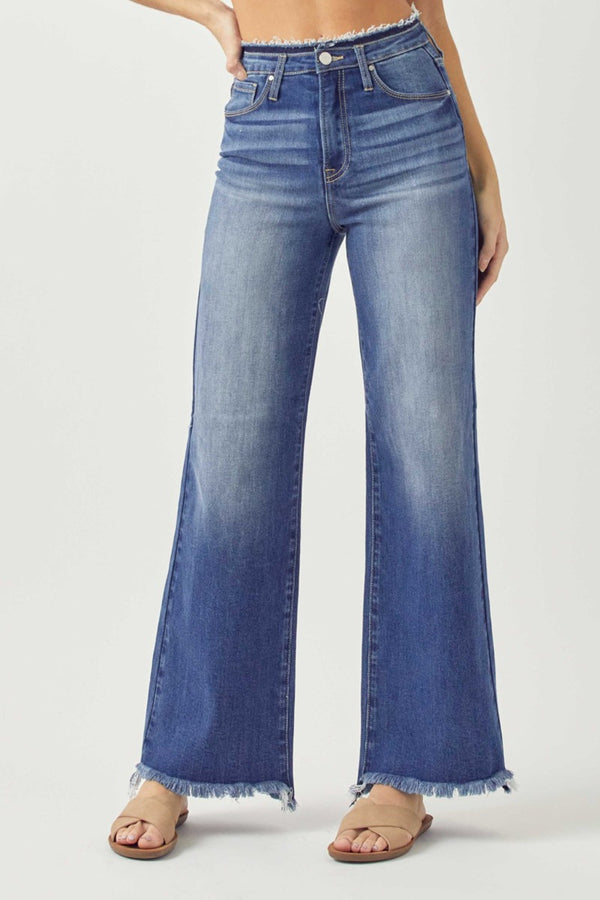 RISEN High Waist Raw Hem Wide Leg Jeans-0