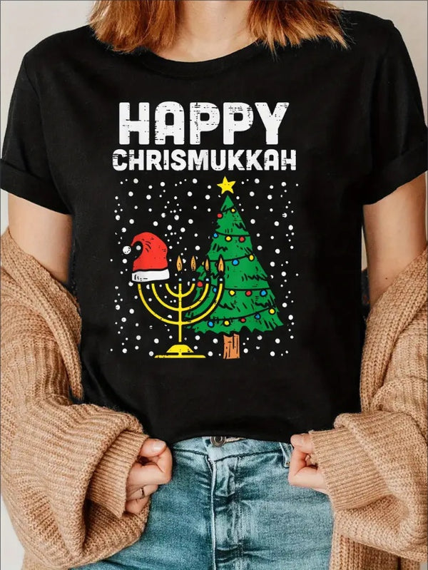 Women's Plus Size Santa Martini Graphic Tee - Casual Cotton Short Sleeve T-Shirt, Round Neck, All-Season Wear