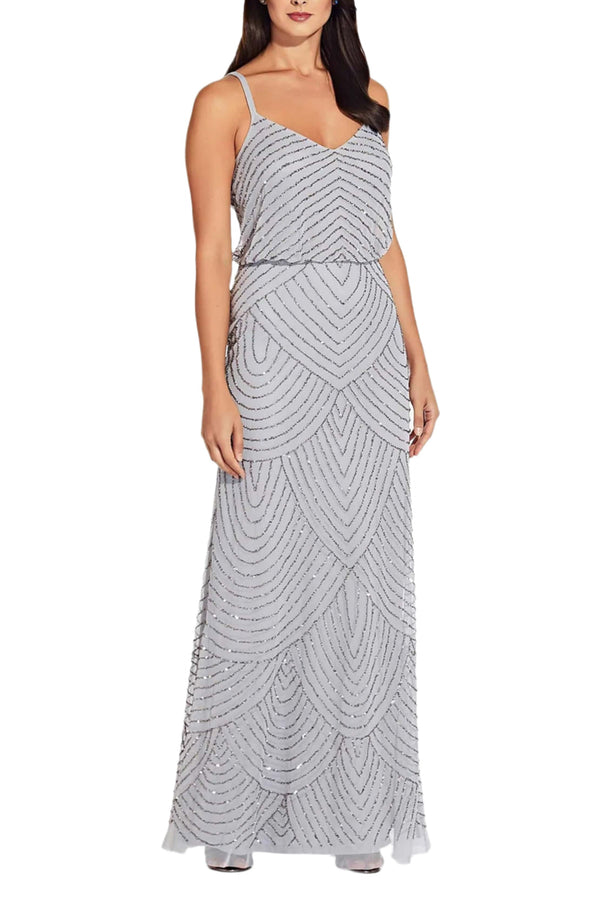 Adrianna Papell Spaghetti Strap V-Neck Blouson Zipper Back Embellished Mesh Dress-0