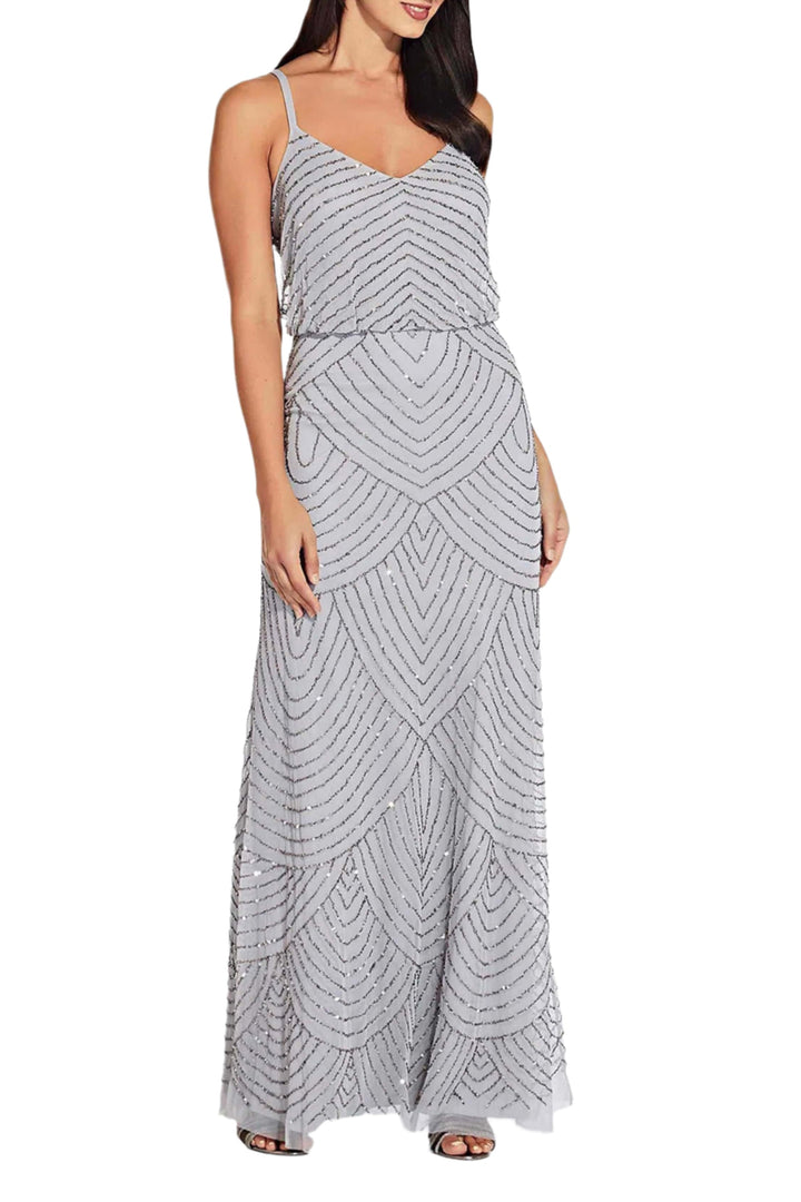 Adrianna Papell Spaghetti Strap V-Neck Blouson Zipper Back Embellished Mesh Dress-1