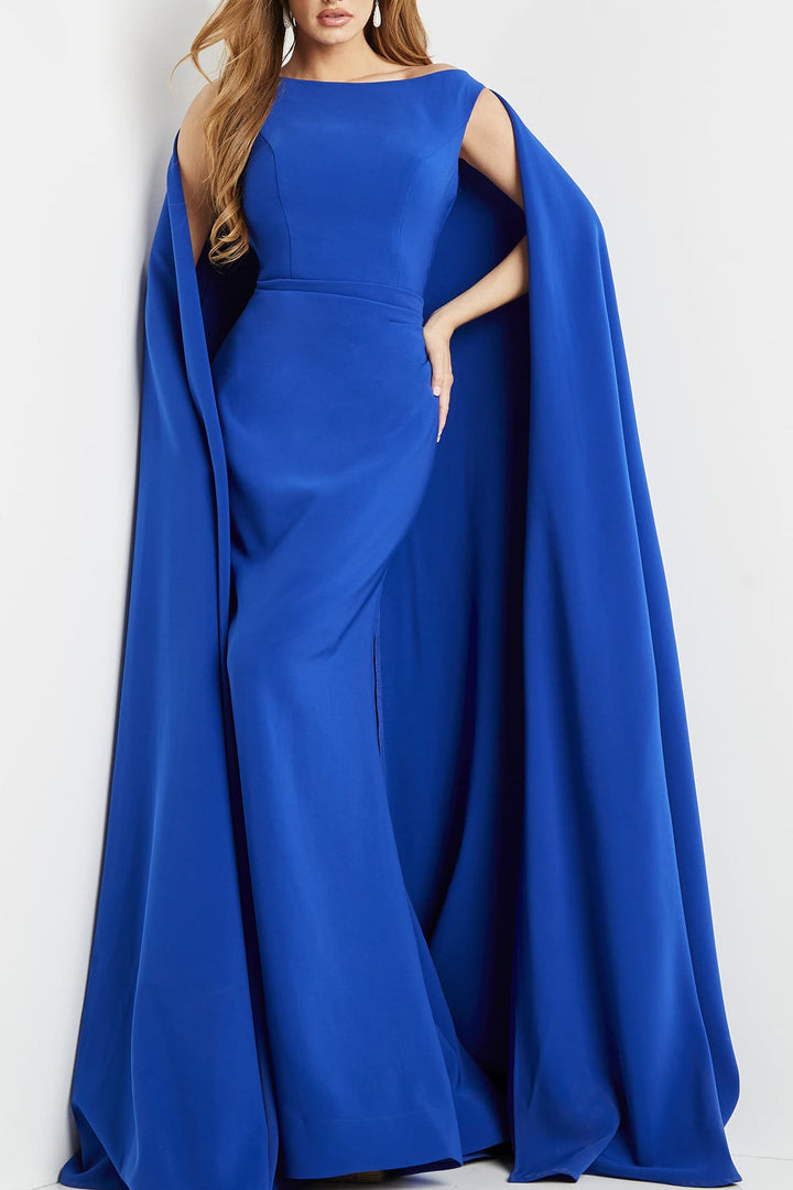 Jovani boat neck cape evening with zipper closure crepe gown-0