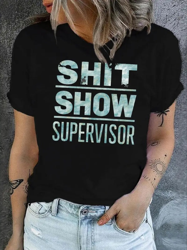 Breathable Regular Fit SHOW SUPERVISOR Typography Print Classic Basic Top T-Shirts, Fashionable Short Sleeves, Summer Streetwear, Casual Cool Tees, Women's Clothing