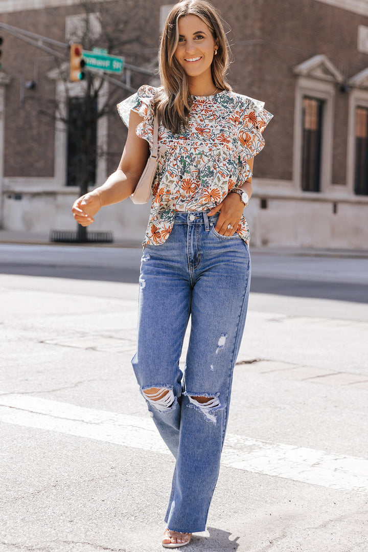 Erin Floral Shirred Ruffle Sleeve Blouse-4