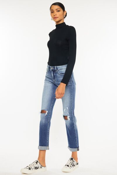 Kancan High Waist Distressed Hem Detail Cropped Straight Jeans-3