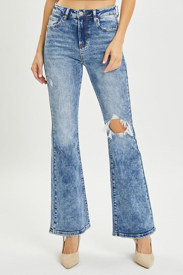 RISEN Full Size High Rise Distressed Flare Jeans-0
