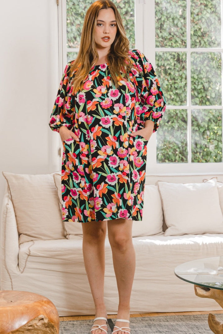 ODDI Full Size Floral Puff Sleeve Mini Dress-3