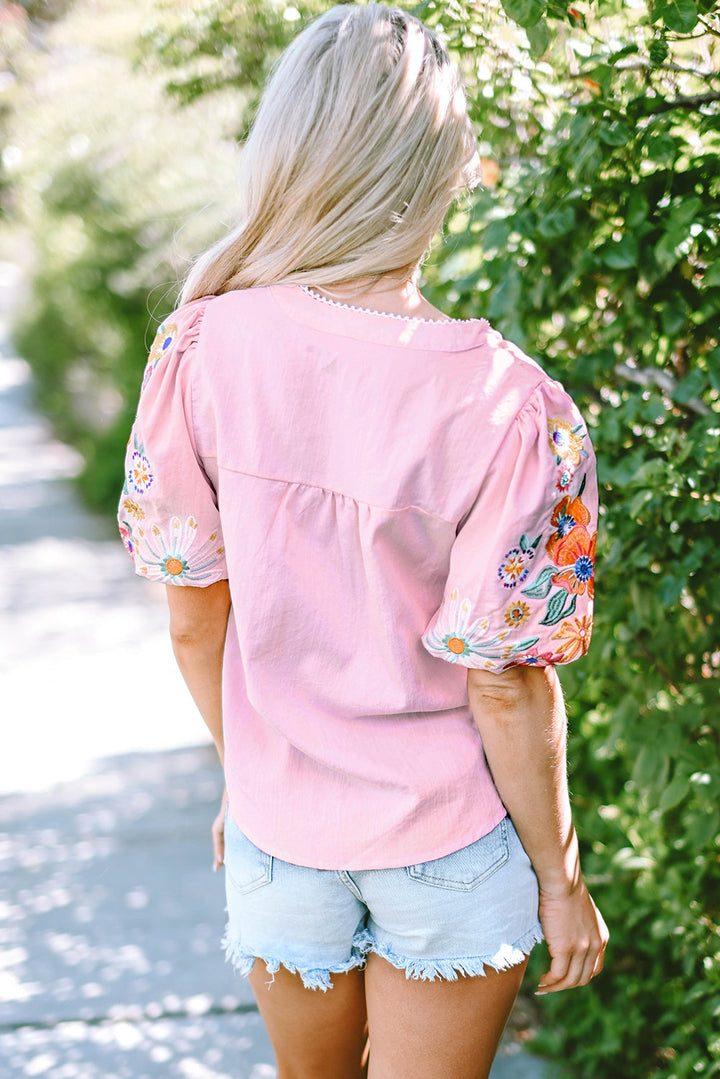 Araceli Floral Embroidered Puff Sleeve Split Neck Blouse-1