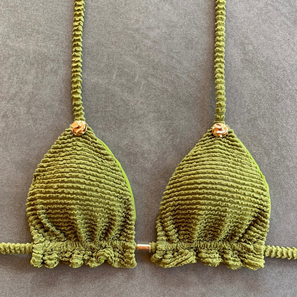 Pistachio Green Textured Triangle Frill Bikini Top-0