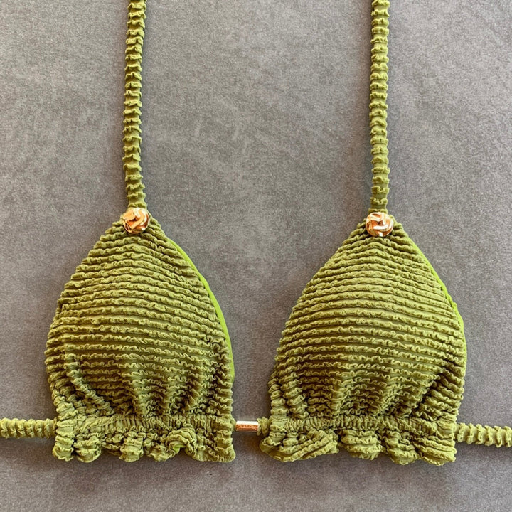 Pistachio Green Textured Triangle Frill Bikini Top-0