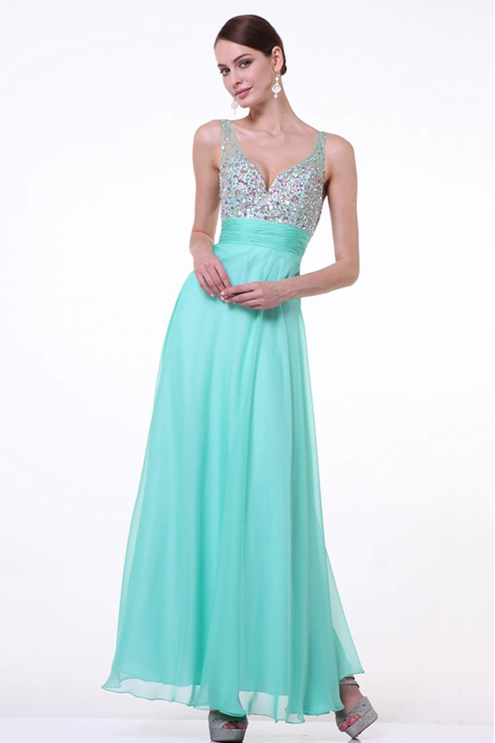 A-Line Dress with Chiffon Skirt and Beade V-Neckline Bodice-2