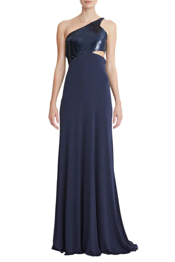Halston One Shoulder Sleeveless Zipper Closure Cut Out Waist Matte Jersey Gown With Sequined Bodice-0