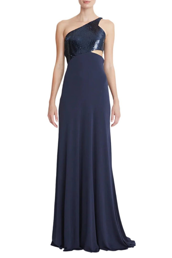 Halston One Shoulder Sleeveless Zipper Closure Cut Out Waist Matte Jersey Gown With Sequined Bodice-0