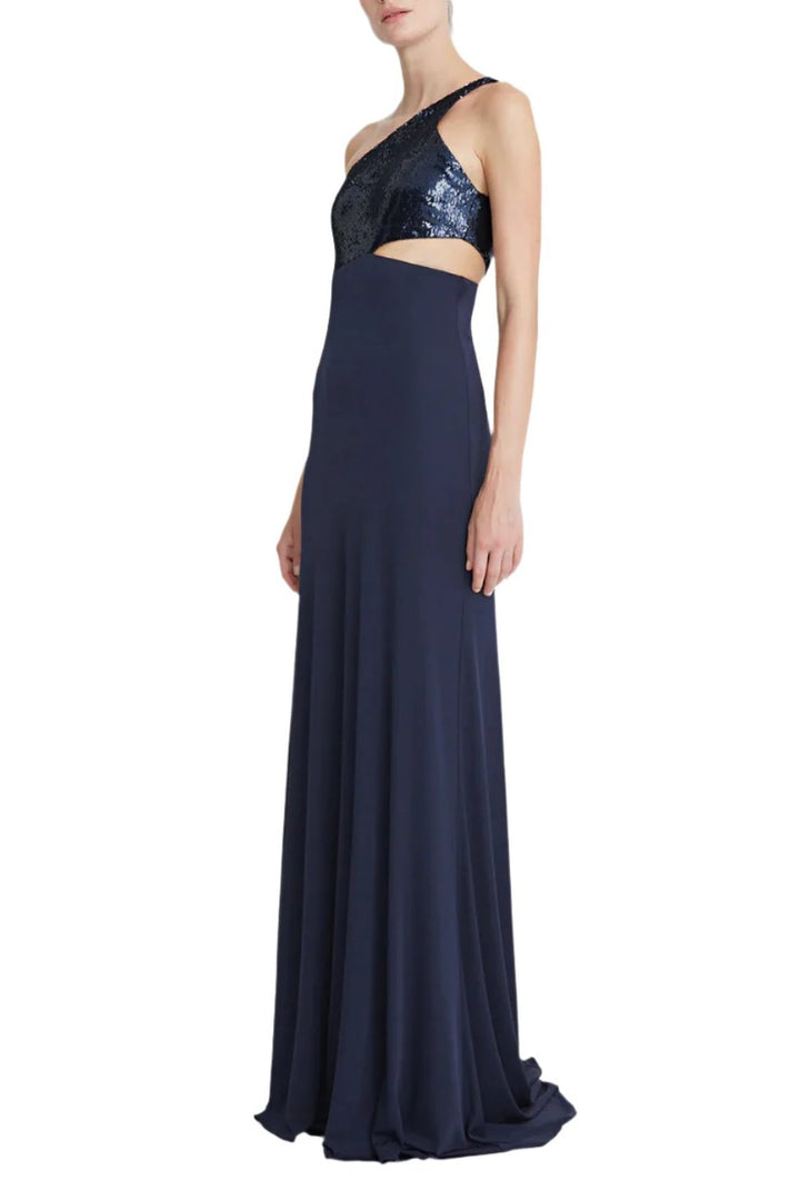 Halston One Shoulder Sleeveless Zipper Closure Cut Out Waist Matte Jersey Gown With Sequined Bodice-2
