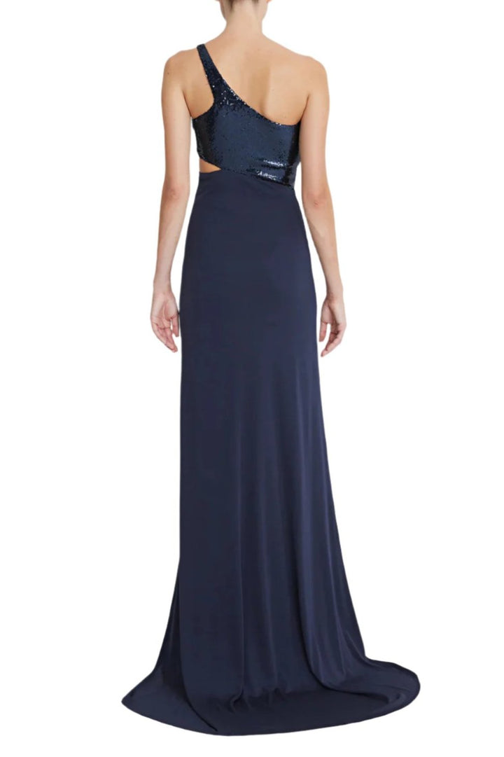 Halston One Shoulder Sleeveless Zipper Closure Cut Out Waist Matte Jersey Gown With Sequined Bodice-3