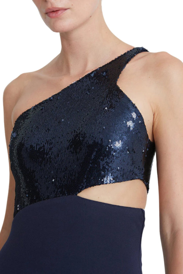 Halston One Shoulder Sleeveless Zipper Closure Cut Out Waist Matte Jersey Gown With Sequined Bodice-1