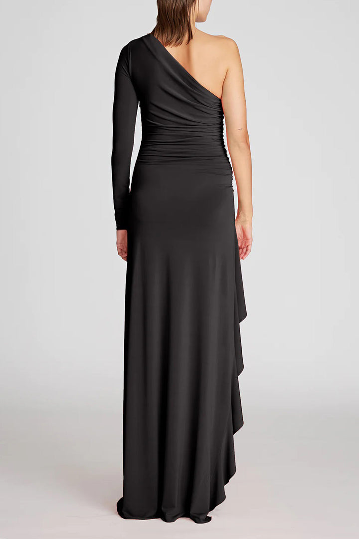 Halston one shoulder neckline long sleeve zipper closure ruched side cascading ruffle side smooth jersey gown-1