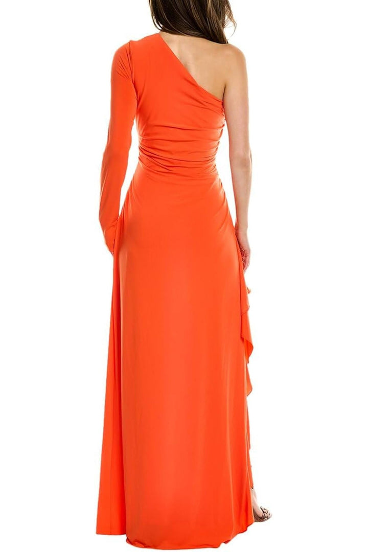 Halston one shoulder neckline long sleeve zipper closure ruched side cascading ruffle side smooth jersey gown-3