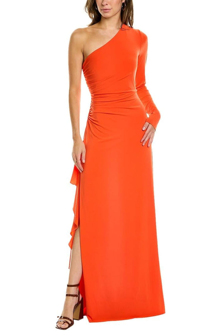 Halston one shoulder neckline long sleeve zipper closure ruched side cascading ruffle side smooth jersey gown-2