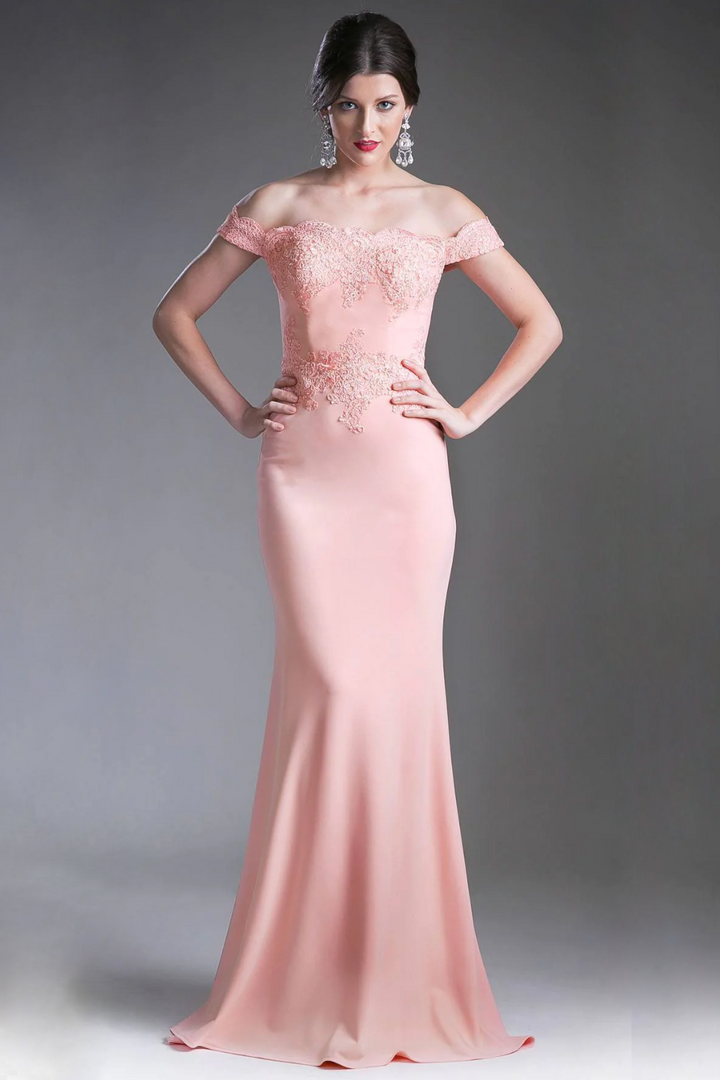Off the Shoulder Fitted Gown with Lace Applique Details and Stretch Jersey-2