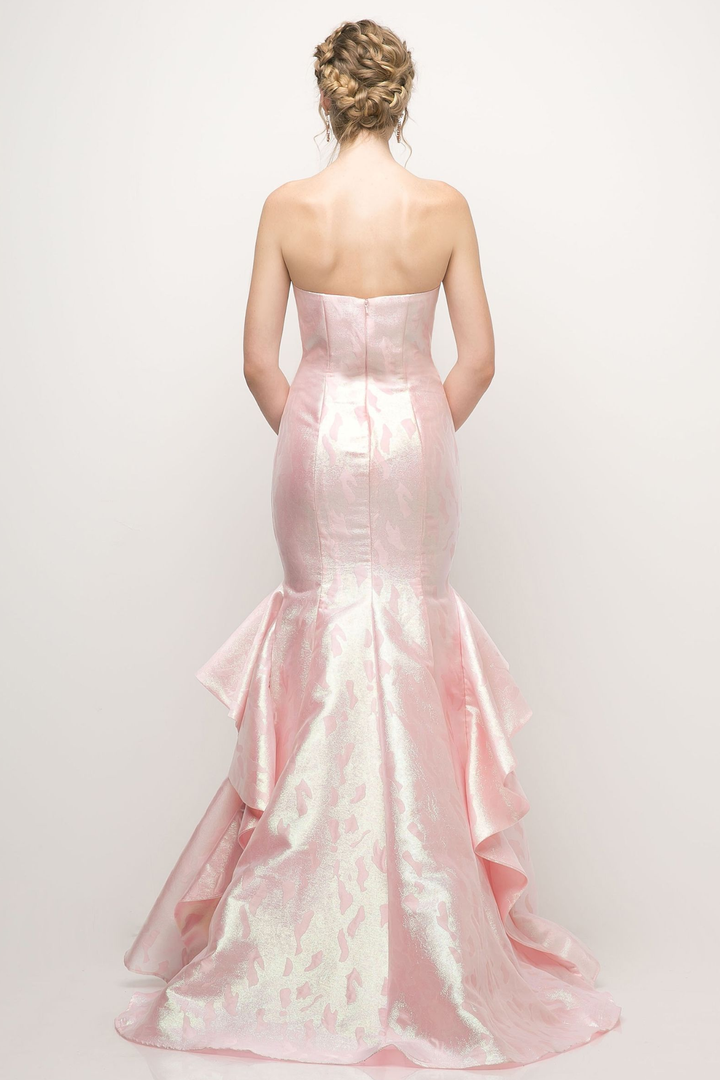Strapless Jacquard Layered Mermaid Gown With V-Neckline and Train-1