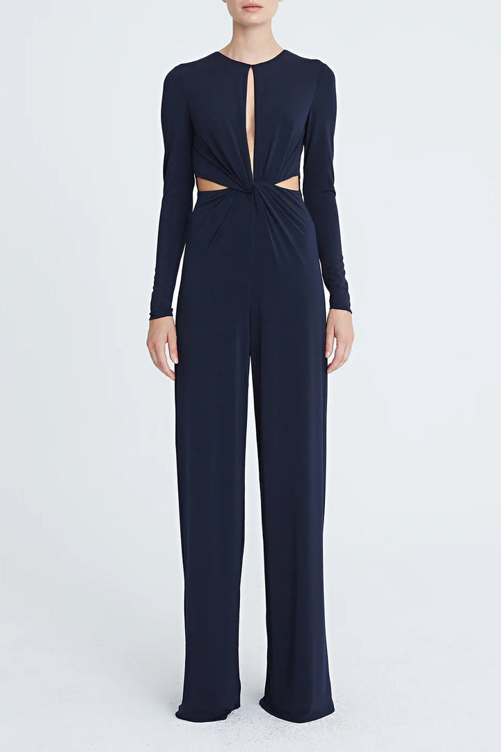 Halston Crew Neck Long Sleeve Keyhole Crossed Front Waist Cutout Solid Jersey Jumpsuit-0