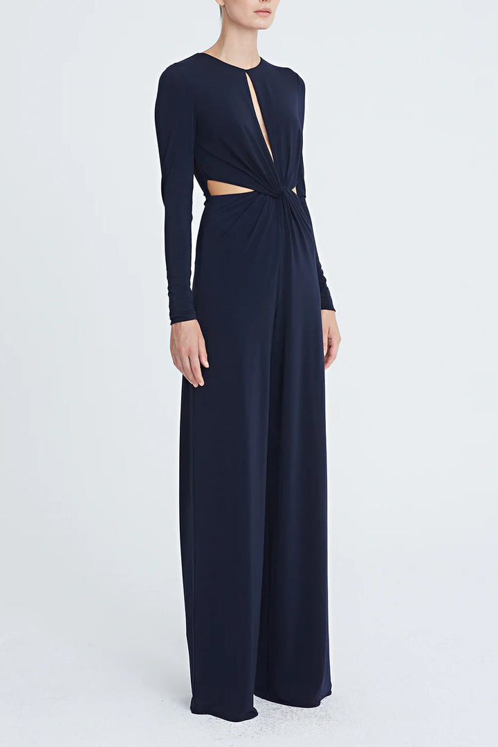 Halston Crew Neck Long Sleeve Keyhole Crossed Front Waist Cutout Solid Jersey Jumpsuit-1