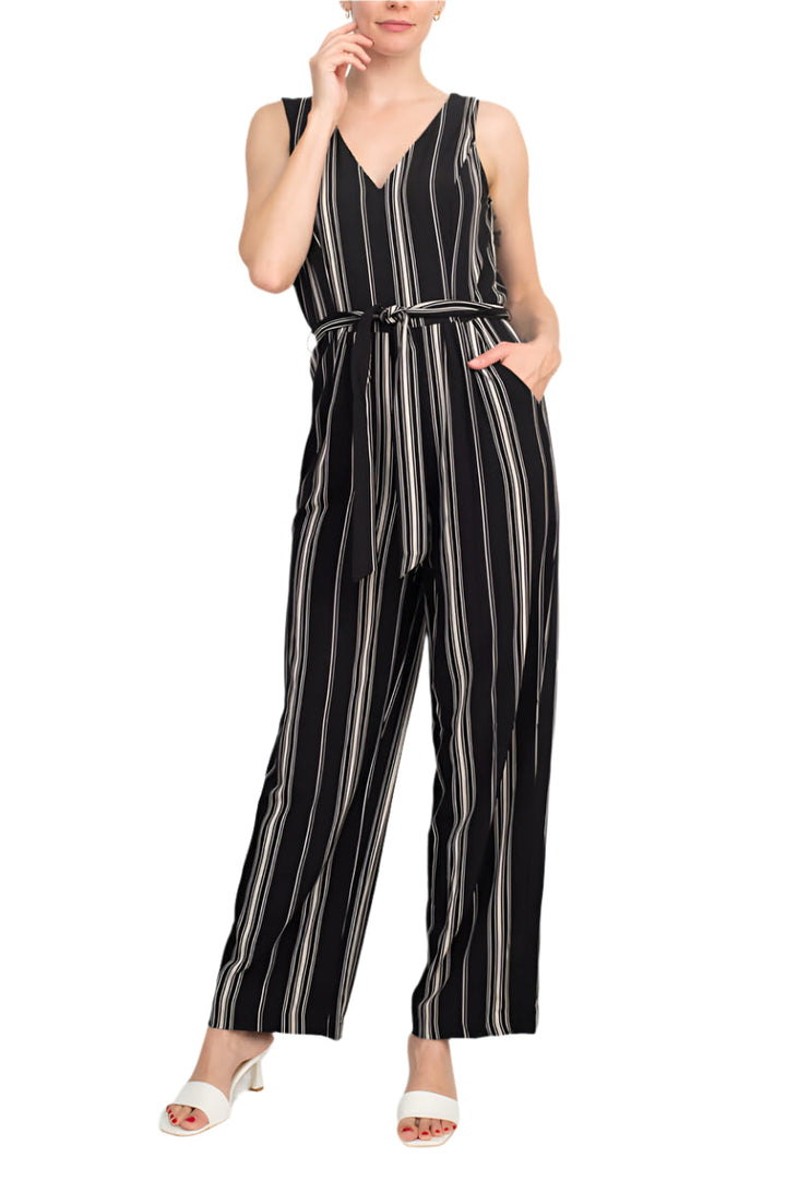 Emma Michele V-Neck Sleeveless Tie Waist Pockets Zipper Back Crepe Jumpsuit-2