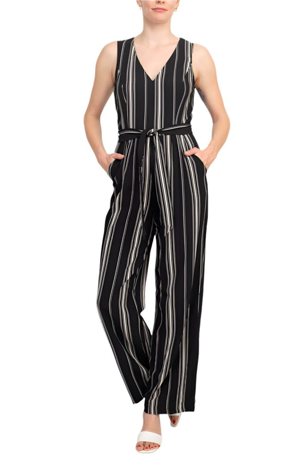 Emma Michele V-Neck Sleeveless Tie Waist Pockets Zipper Back Crepe Jumpsuit-0