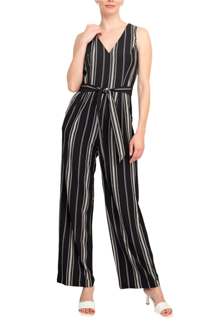 Emma Michele V-Neck Sleeveless Tie Waist Pockets Zipper Back Crepe Jumpsuit-1