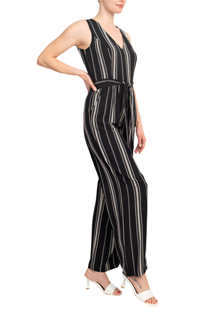Emma Michele V-Neck Sleeveless Tie Waist Pockets Zipper Back Crepe Jumpsuit-3