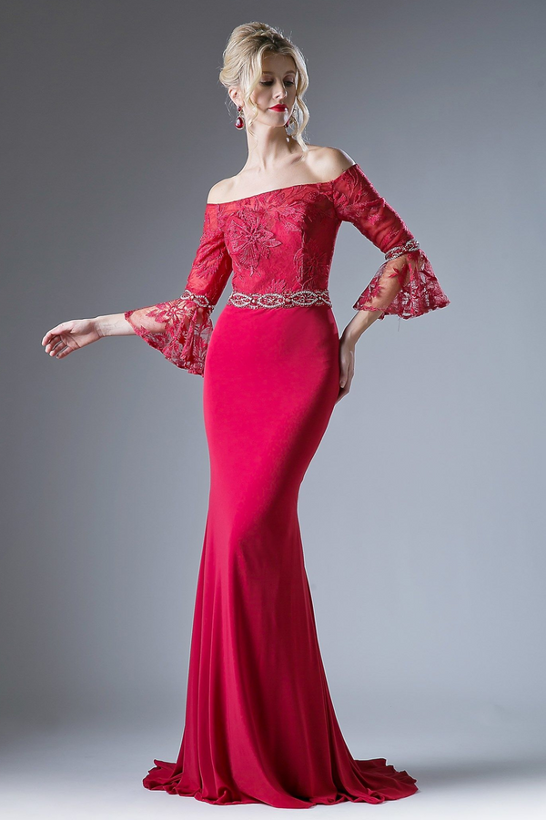 Beaded Belt Lace Bodice Stretch Knit Sheath Dress-0