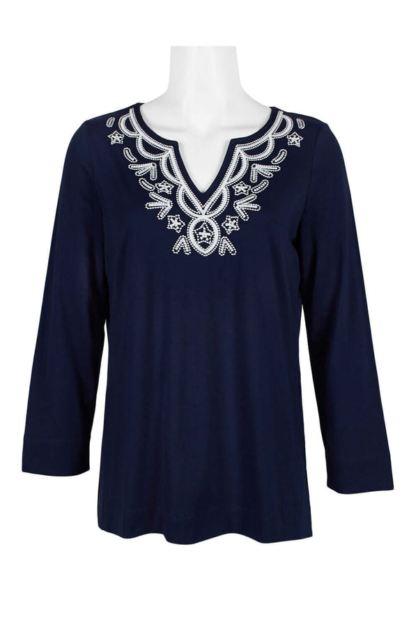 Evan Picone Embellished V-Neck Long Sleeve Solid Cotton Top-0