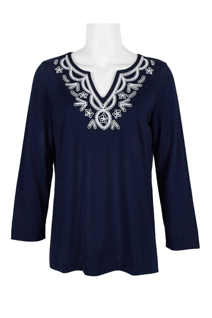 Evan Picone Embellished V-Neck Long Sleeve Solid Cotton Top-0