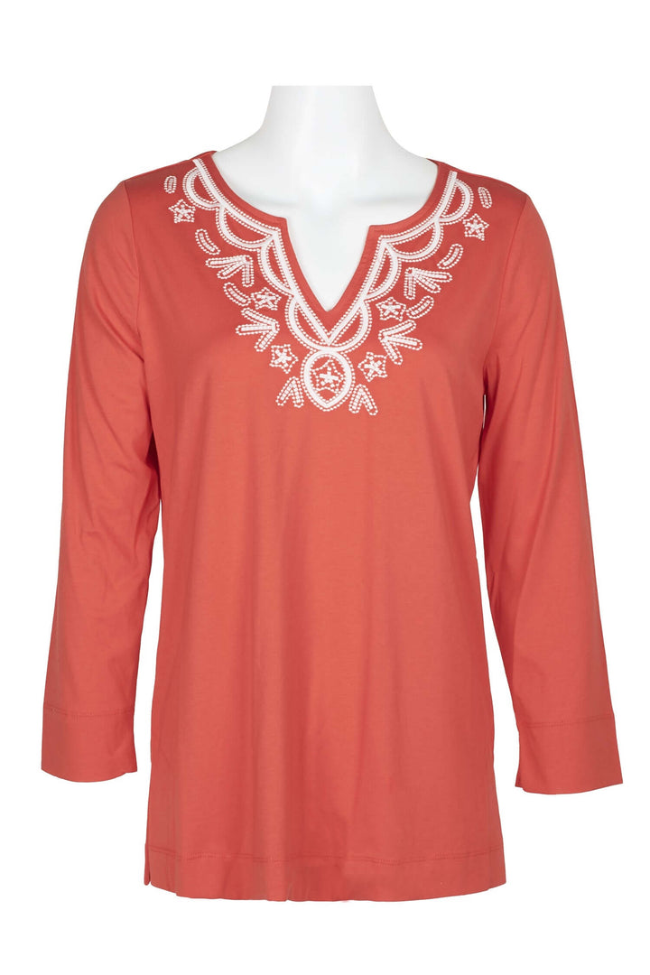 Evan Picone Embellished V-Neck Long Sleeve Solid Cotton Top-1