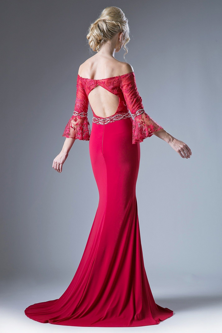 Beaded Belt Lace Bodice Stretch Knit Sheath Dress-1
