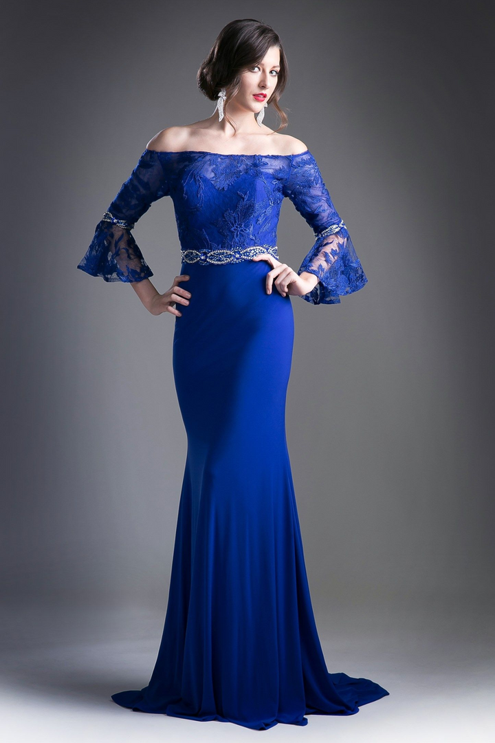 Beaded Belt Lace Bodice Stretch Knit Sheath Dress-2
