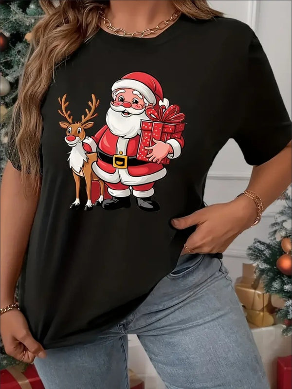 Plus Size Festive Black T-Shirt With Santa & Reindeer Print - Comfortable  Round Neck, Machine Washable - Ideal For Christmas Celebrations, Christmas Shirts, Casual, Elements