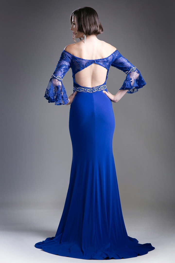 Beaded Belt Lace Bodice Stretch Knit Sheath Dress-3