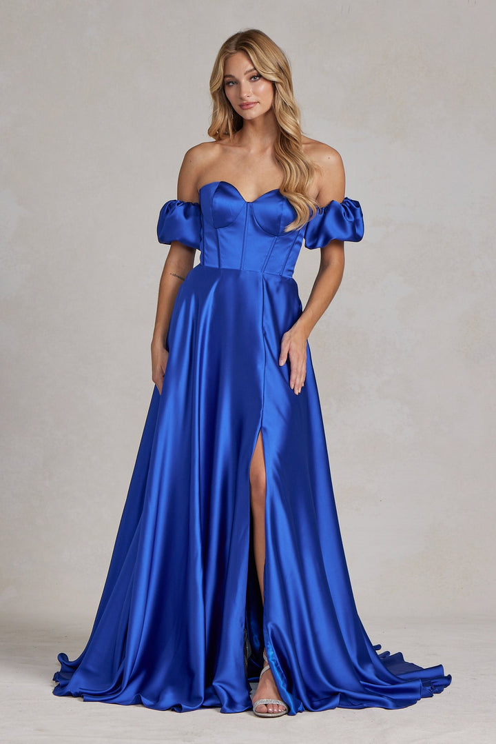 Off Shoulder Sweetheart Satin Side Slit Long Prom Dress NXK1122-3