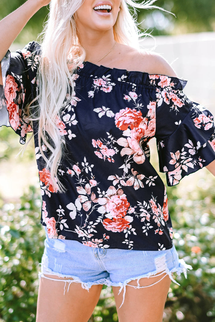 Savanna Ruffle Off Shoulder Flounce Sleeve Blouse-0