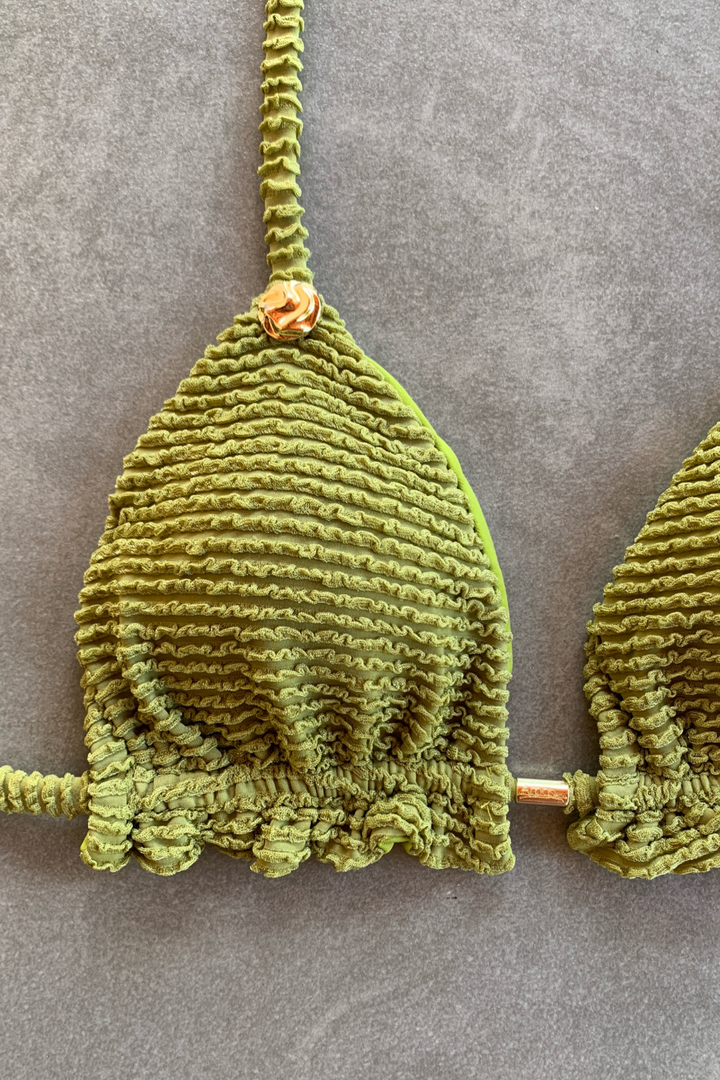 Pistachio Green Textured Triangle Frill Bikini Top-1