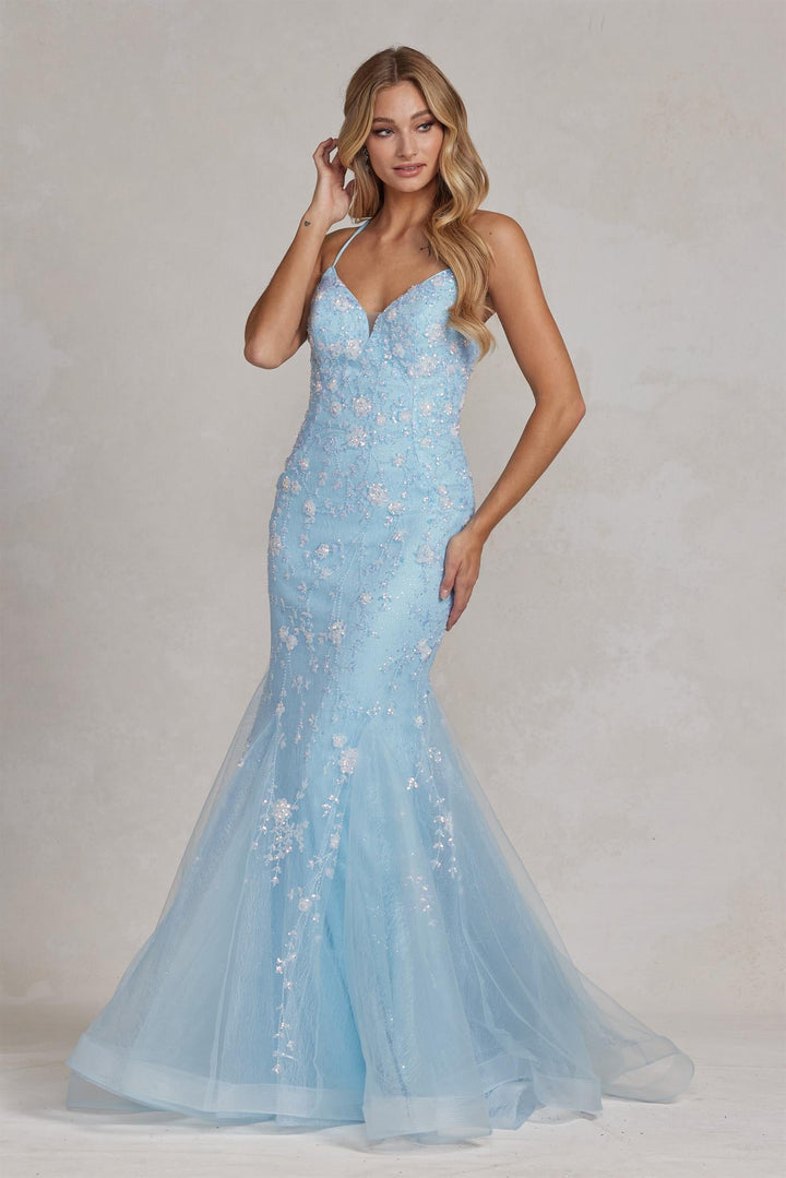 Mermaid Open Criss Cross Back Embroidered Flower Lace Long Prom Dress NXC1117-3