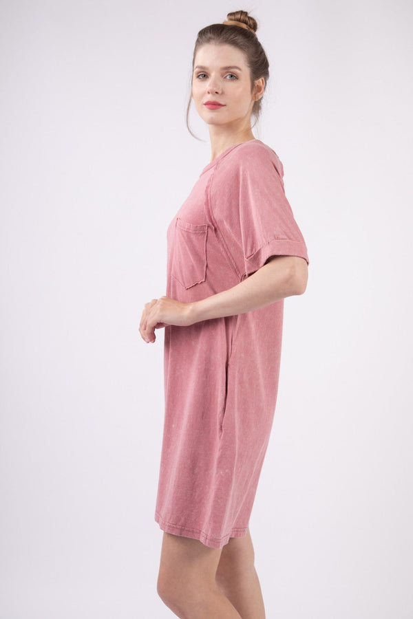 VERY J Washed Round Neck Mini Tee Dress-0