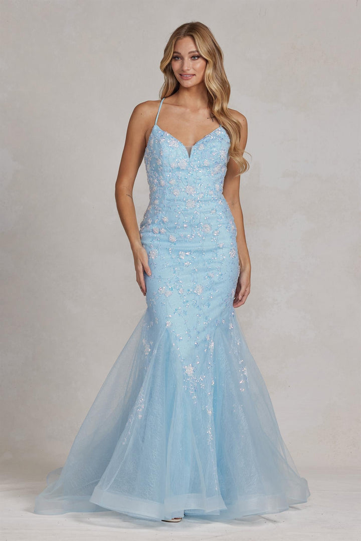 Mermaid Open Criss Cross Back Embroidered Flower Lace Long Prom Dress NXC1117-4