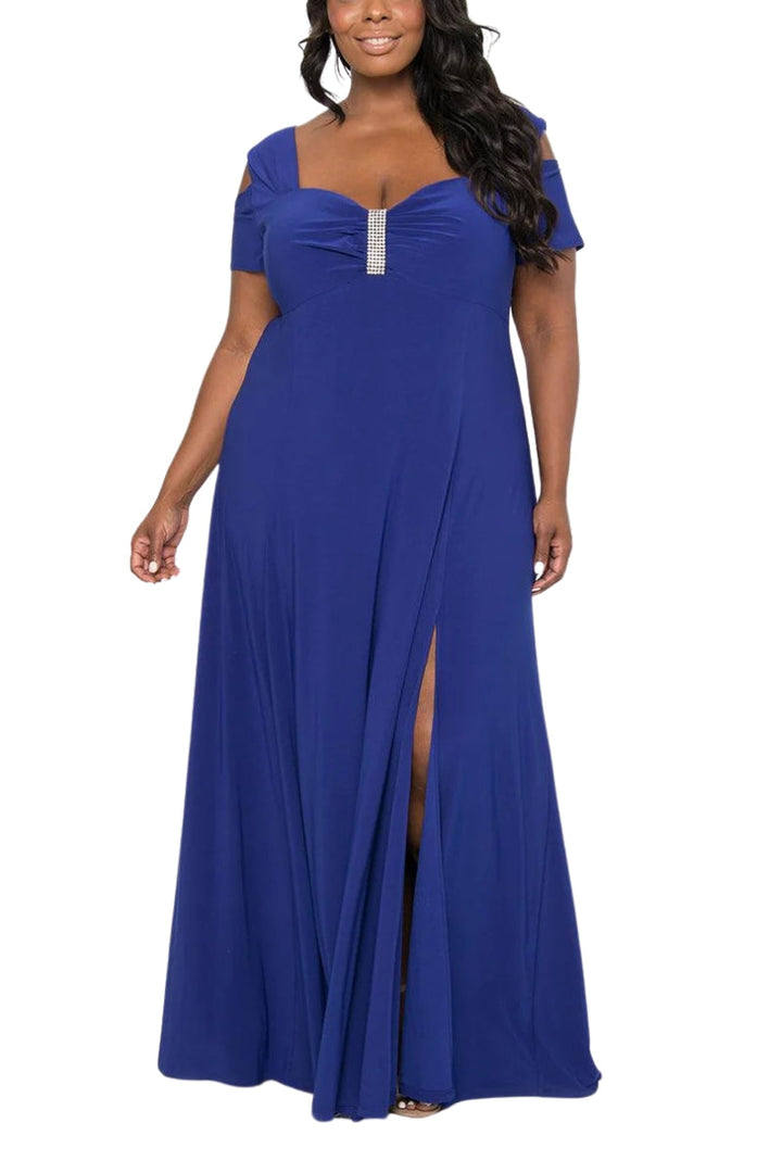R&M Richards Rhinestone Trim Short Cold Shoulder Sleeve Thigh High Slit Sweetheart Neck Matte Jersey Gown (Plus Size)-2